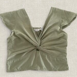 Midnight Sky Sage Green Twist Front Smocked Back Linen Blend Crop Top Large